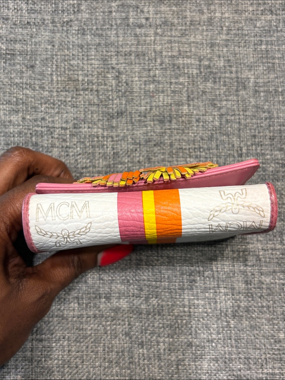 MCM White Leather Wallet with Pink, Orange & Yellow Tassels - Picture 11 of 13